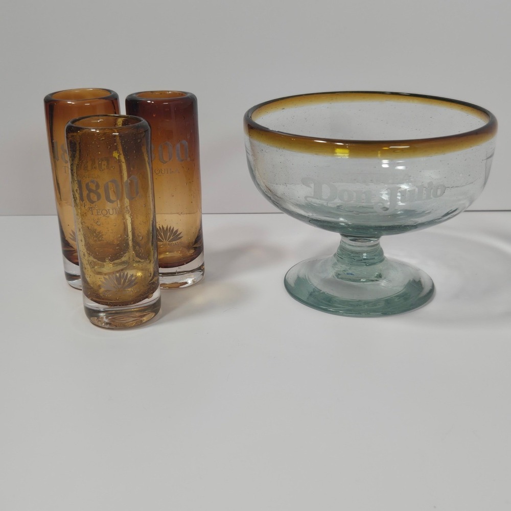 1800 Tequila & Don Julio Glassware Set Amber Seeded Glass Shot & Mar Glasses